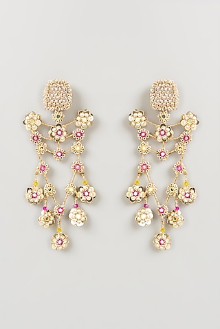 Gold Finish Earrings With Hand Embroidery by Fooljhadi