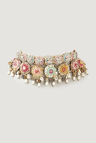 Gold Finish Necklace With Hand Embroidery by Fooljhadi