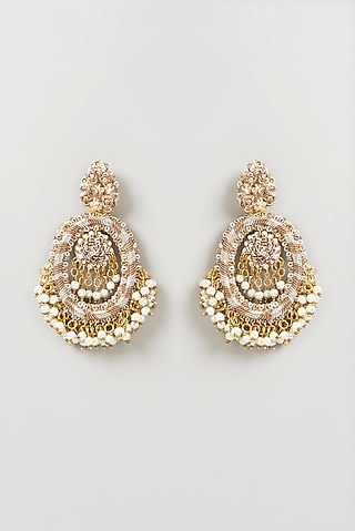 Gold Finish Hand Embroidered Earrings by Fooljhadi
