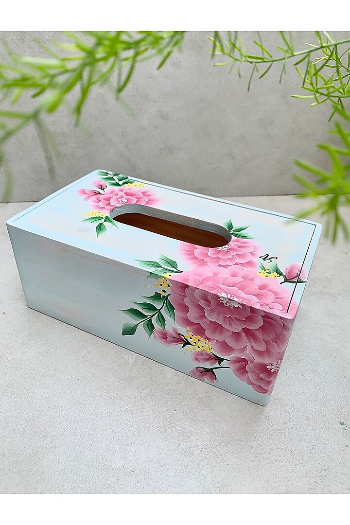 Powder Blue Pinewood Hand-Painted Tissue Box by FLOURSHA