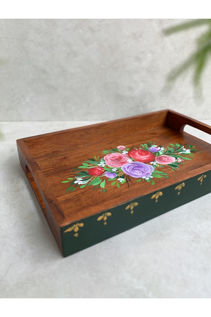 Natural Brown Acacia Wood Hand-Painted Tray by FLOURSHA at Pernia's Pop Up Shop