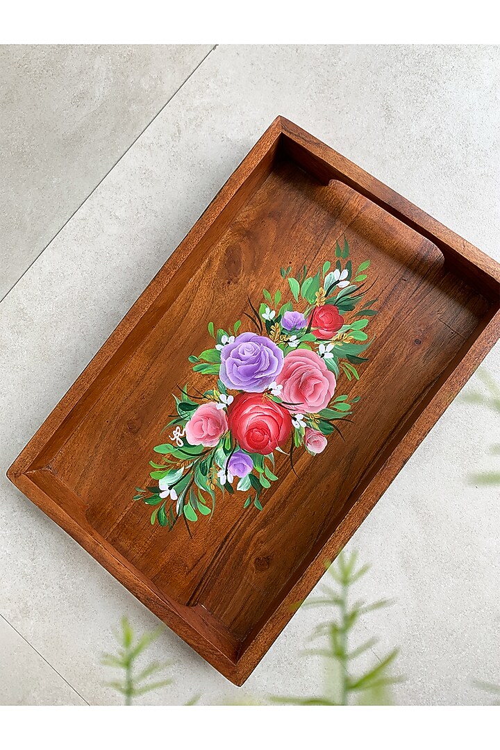 Natural Brown Acacia Wood Hand-Painted Tray by FLOURSHA at Pernia's Pop Up Shop