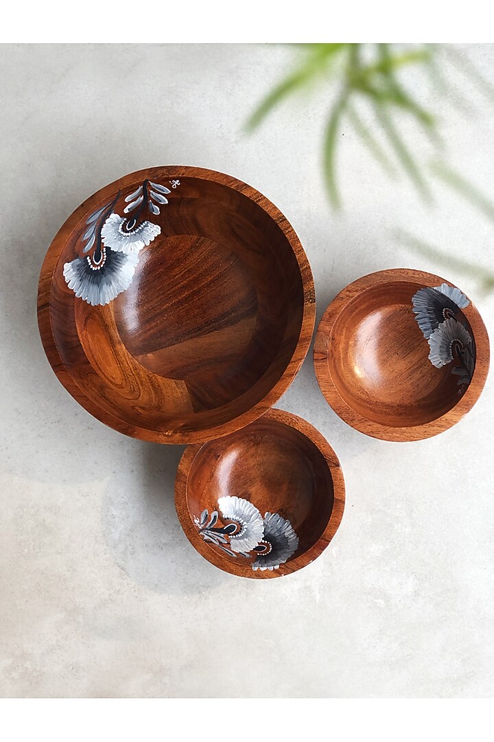 Natural Brown Acacia Wood Hand Painted Bowl by FLOURSHA at Pernia's Pop Up Shop