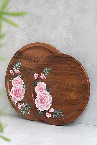 Natural Brown Acacia Wood Hand-Painted Tray by FLOURSHA