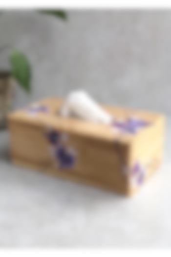 Natural Brown Pine Wood Hand-Painted Tissue Box by FLOURSHA