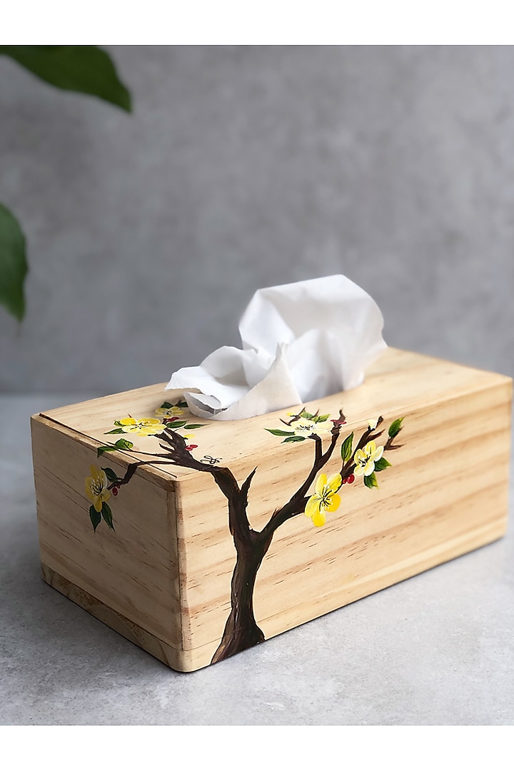 Natural Brown Pine Wood Tissue Box by FLOURSHA