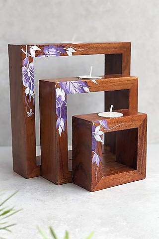 Natural Brown Hand-Painted Tealight Holders (Set of 3) by FLOURSHA