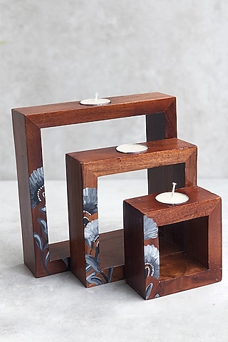 Natural Brown Acacia Wood Tealight Holders (Set of 3) by FLOURSHA