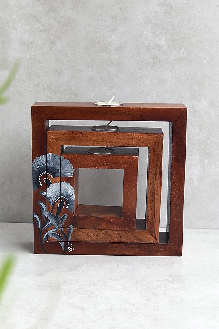 Natural Brown Acacia Wood Tealight Holders (Set of 3) by FLOURSHA at Pernia's Pop Up Shop