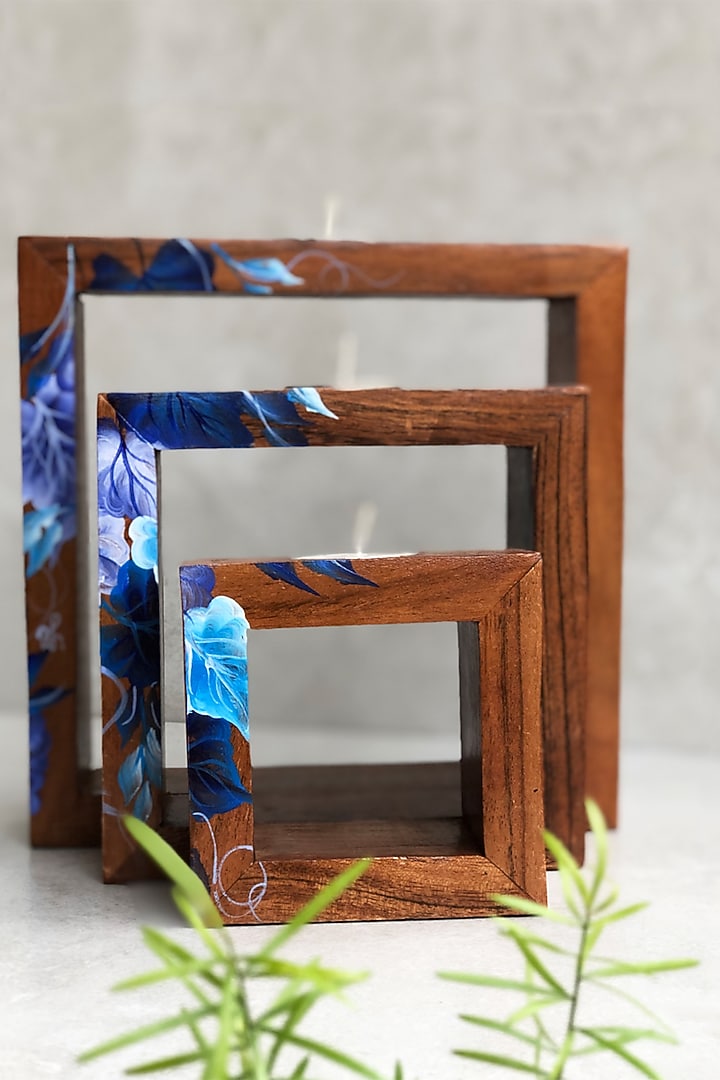 Acacia Wood Hand-Painted Tealight Holders (Set of 3) by FLOURSHA at Pernia's Pop Up Shop
