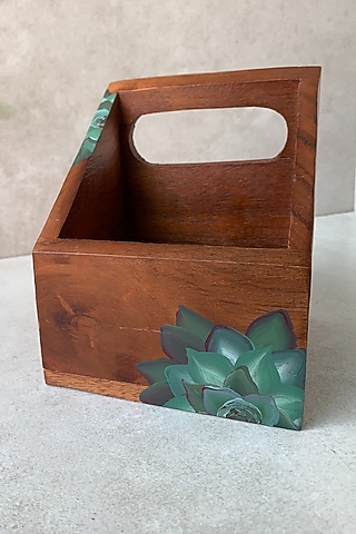 Natural Brown Acacia Wood Hand-Painted Organiser by FLOURSHA