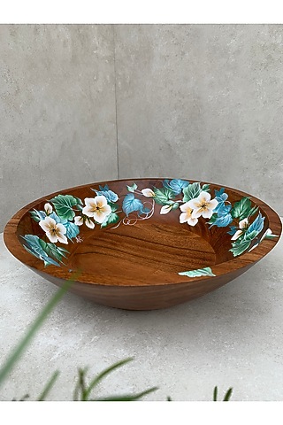 Natural Brown Acacia Wood Hand-Painted Bowl by FLOURSHA