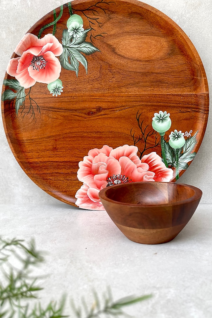 Brown Hand-Painted Platter With Bowl by FLOURSHA