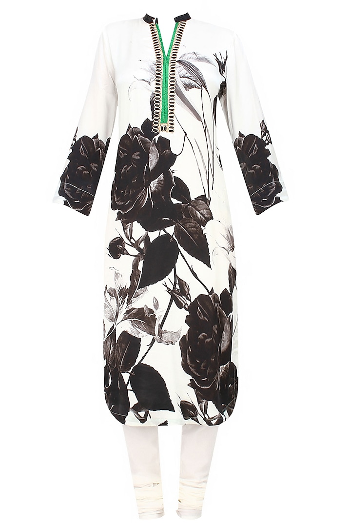 Off white and black floral printed kurta with dupatta by Flamingo By Shubhani Talwar