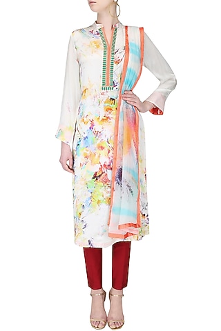 Multicolour abstract printed kurta with dupatta by Flamingo By Shubhani Talwar