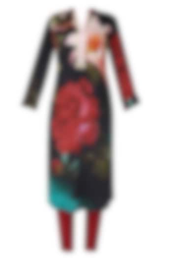 Black and red floral printed kurta with dupatta by Flamingo By Shubhani Talwar