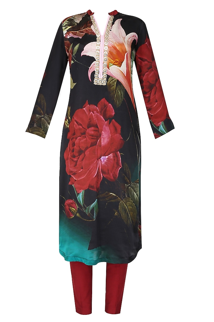 Black and red floral printed kurta with dupatta by Flamingo By Shubhani Talwar