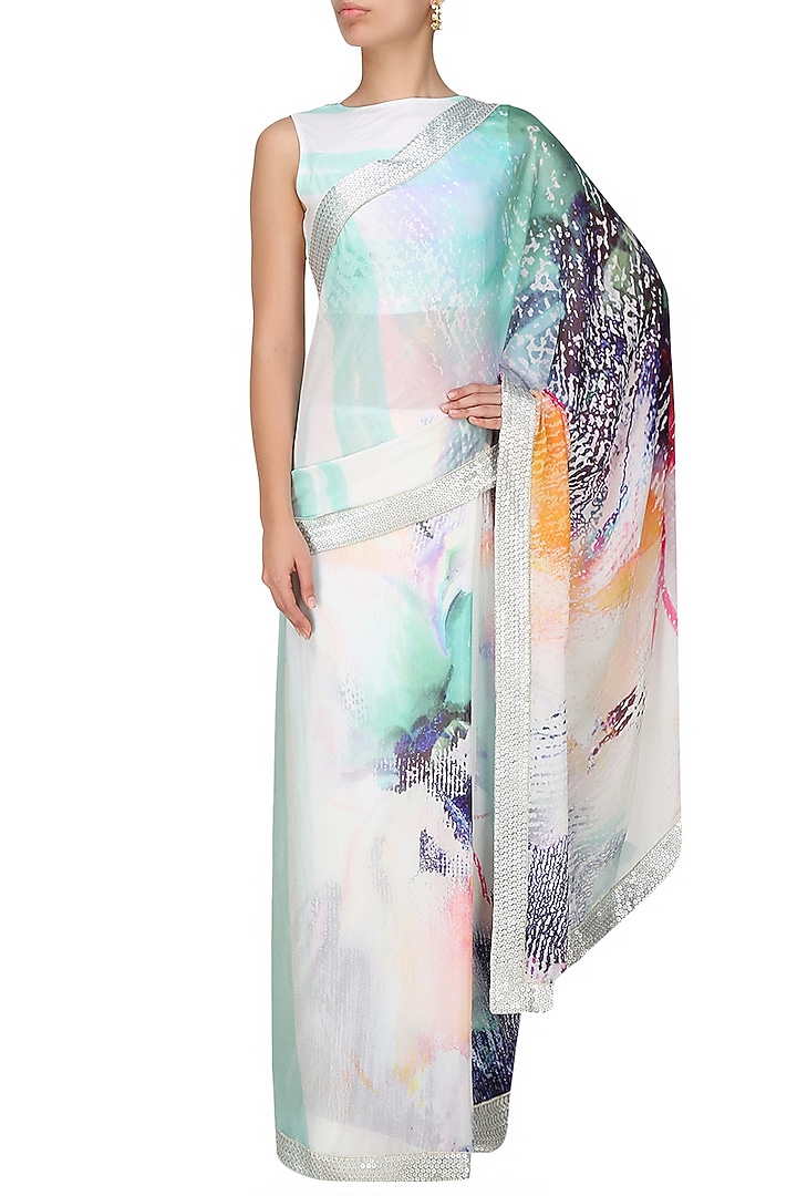 Flamingo by Shubhani Talwar presents Off white and blue printed saree and blouse set available only at Pernia's Pop Up Shop.