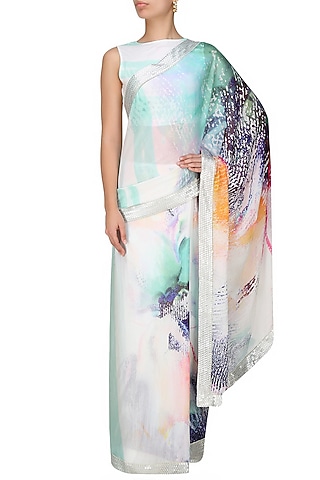 Off white and blue printed saree with unstitched blouse  by Flamingo By Shubhani Talwar