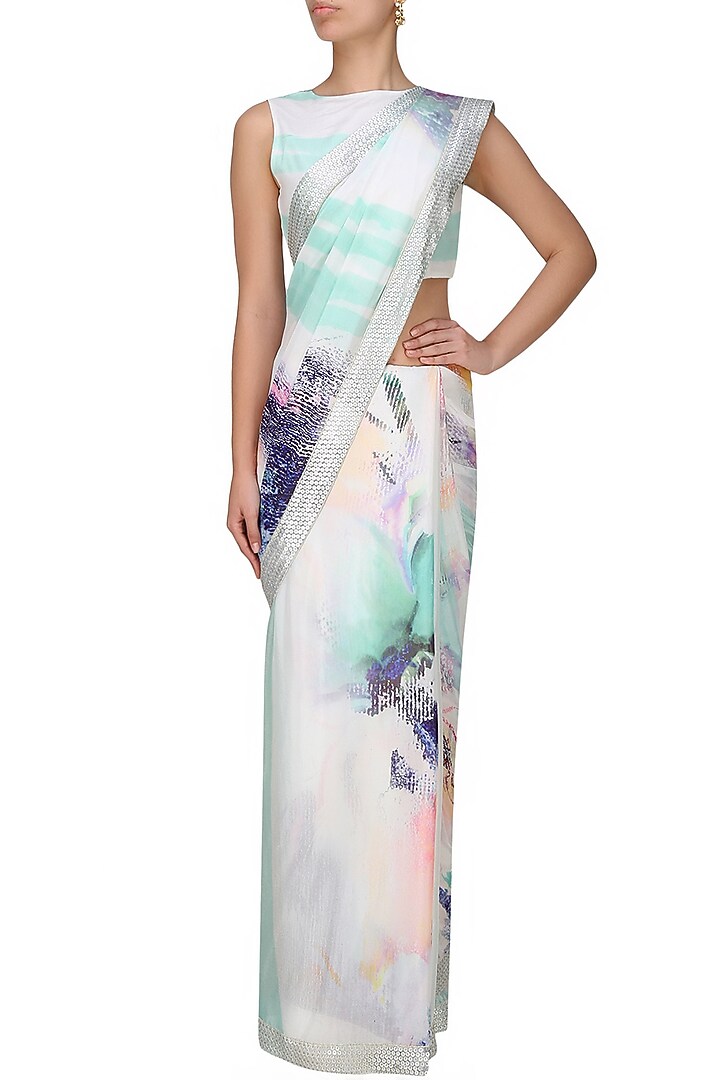 Flamingo by Shubhani Talwar presents Off white and blue printed saree and blouse set available only at Pernia's Pop Up Shop.