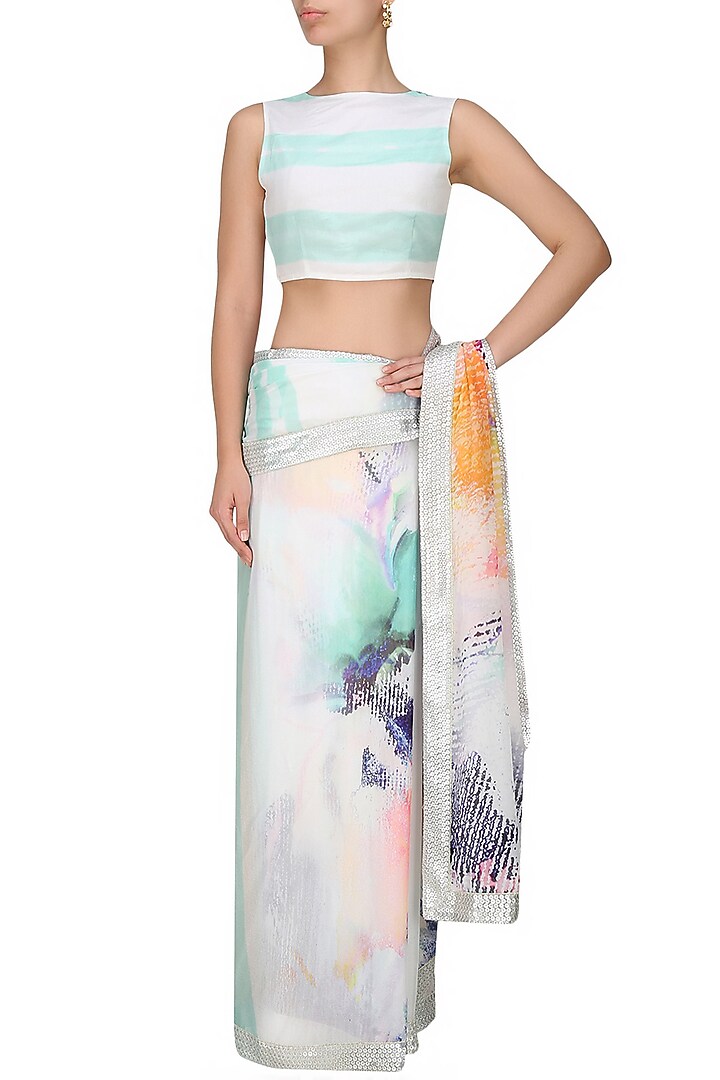 Flamingo by Shubhani Talwar presents Off white and blue printed saree and blouse set available only at Pernia's Pop Up Shop.