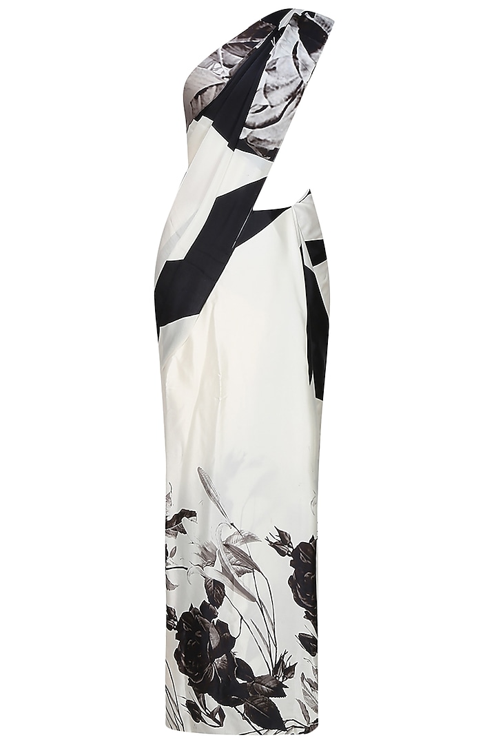 Off white and black floral printed saree with unstitched blouse  by Flamingo By Shubhani Talwar