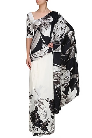 Off white and black floral printed saree with unstitched blouse  by Flamingo By Shubhani Talwar