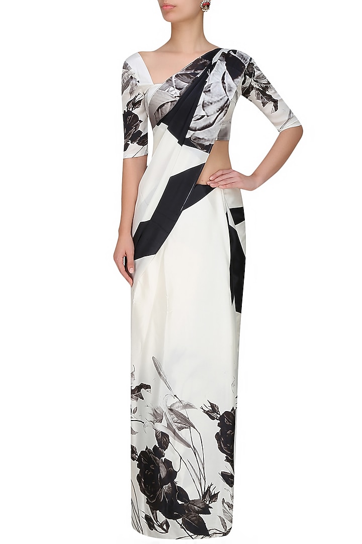 Flamingo by Shubhani Talwar presents Off white and black floral printed saree and blouse set available only at Pernia's Pop Up Shop.