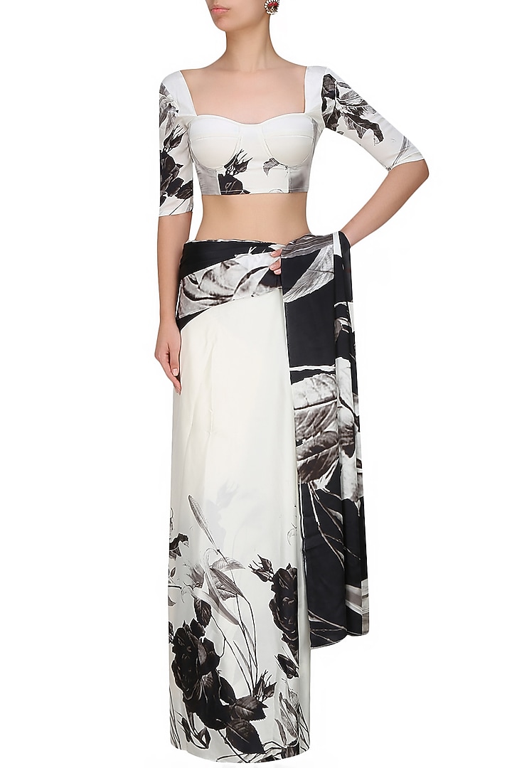 Flamingo by Shubhani Talwar presents Off white and black floral printed saree and blouse set available only at Pernia's Pop Up Shop.