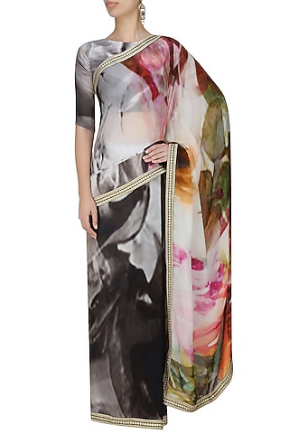 Grey and black tye and dye printed saree with unstitched blouse by Flamingo By Shubhani Talwar