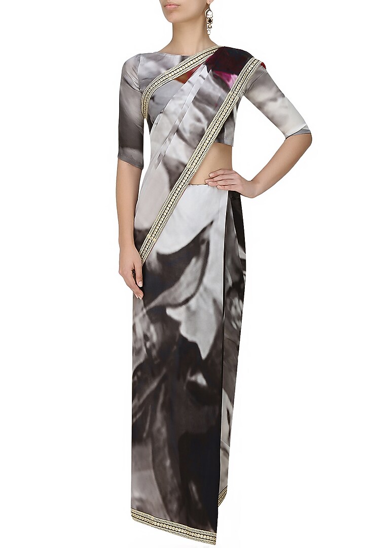 Flamingo by Shubhani Talwar presents Grey and black tye and dye printed saree and blouse set available only at Pernia's Pop Up Shop.