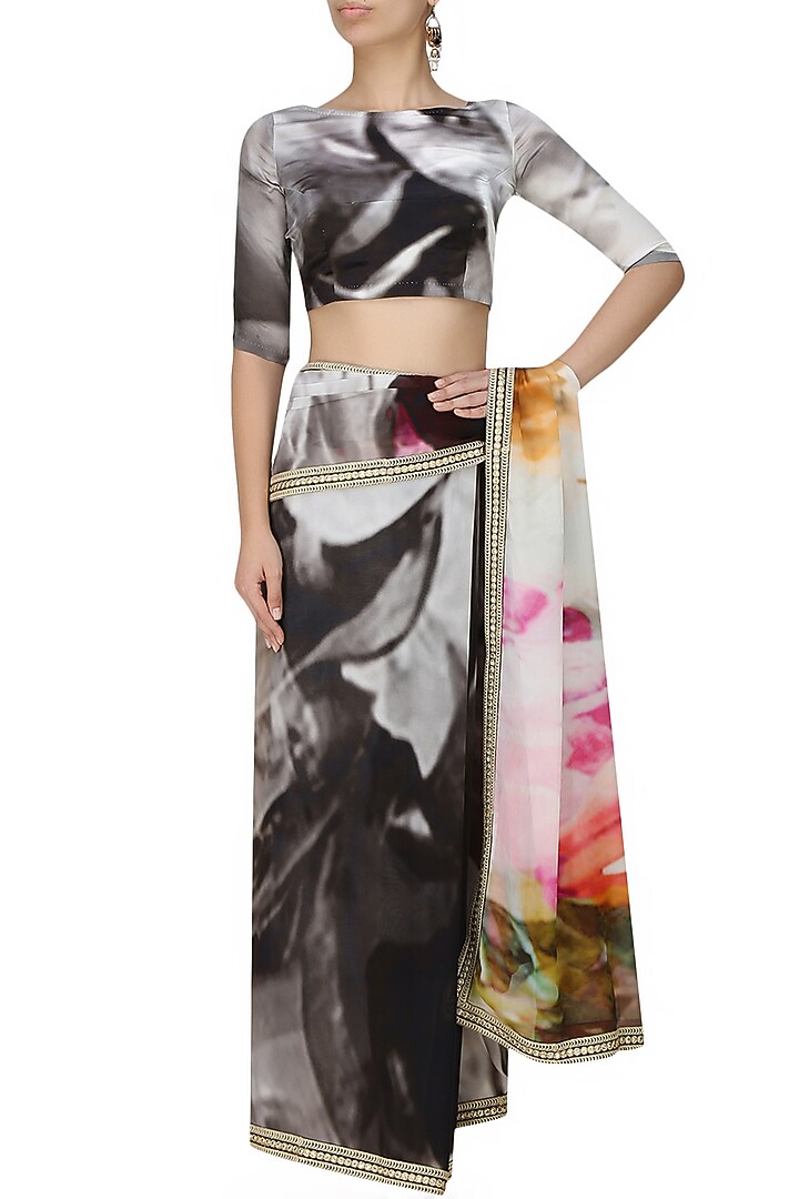 Flamingo by Shubhani Talwar presents Grey and black tye and dye printed saree and blouse set available only at Pernia's Pop Up Shop.