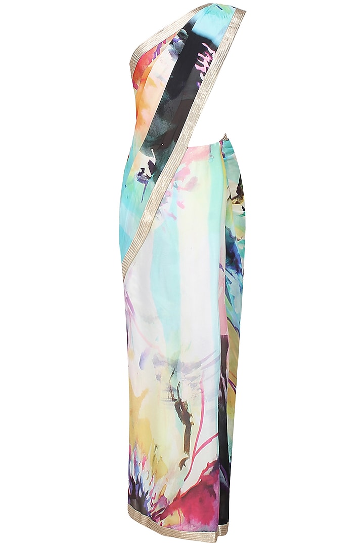 Off white abstract printed saree with unstitched blouse by Flamingo By Shubhani Talwar