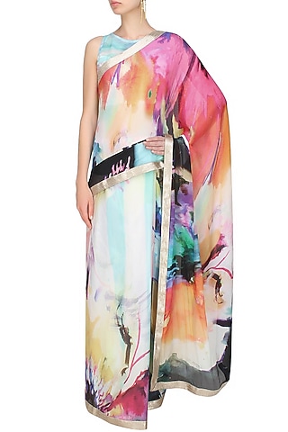 Off white abstract printed saree with unstitched blouse by Flamingo By Shubhani Talwar