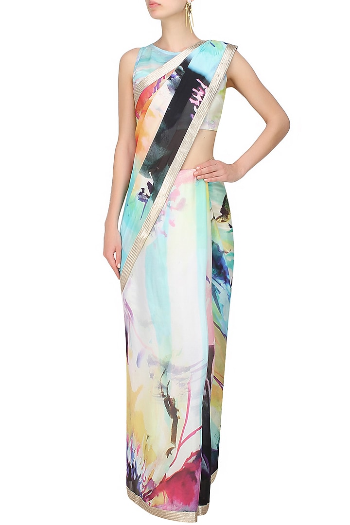 Flamingo by Shubhani Talwar presents Off white abstract printed saree and blouse set available only at Pernia's Pop Up Shop.