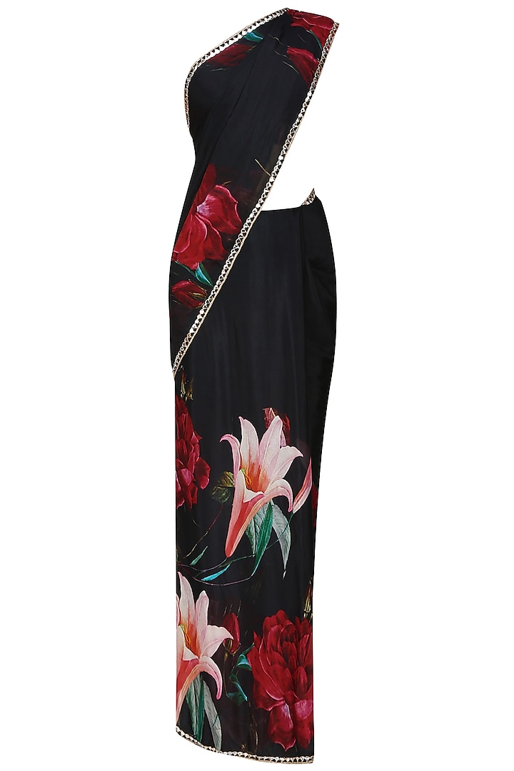 Black and red floral printed saree with black blouse piece by Flamingo By Shubhani Talwar