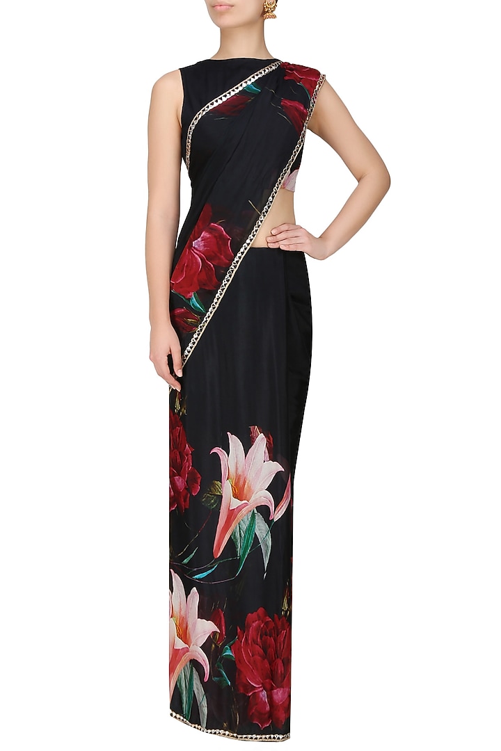 Flamingo by Shubhani Talwar presents Black and red floral printed saree and blouse set available only at Pernia's Pop Up Shop.