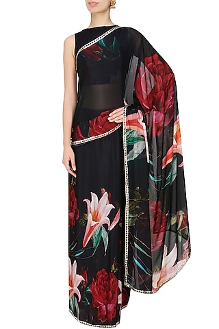 Black and red floral printed saree with black blouse piece by Flamingo By Shubhani Talwar
