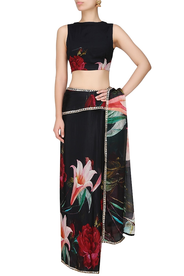 Flamingo by Shubhani Talwar presents Black and red floral printed saree and blouse set available only at Pernia's Pop Up Shop.