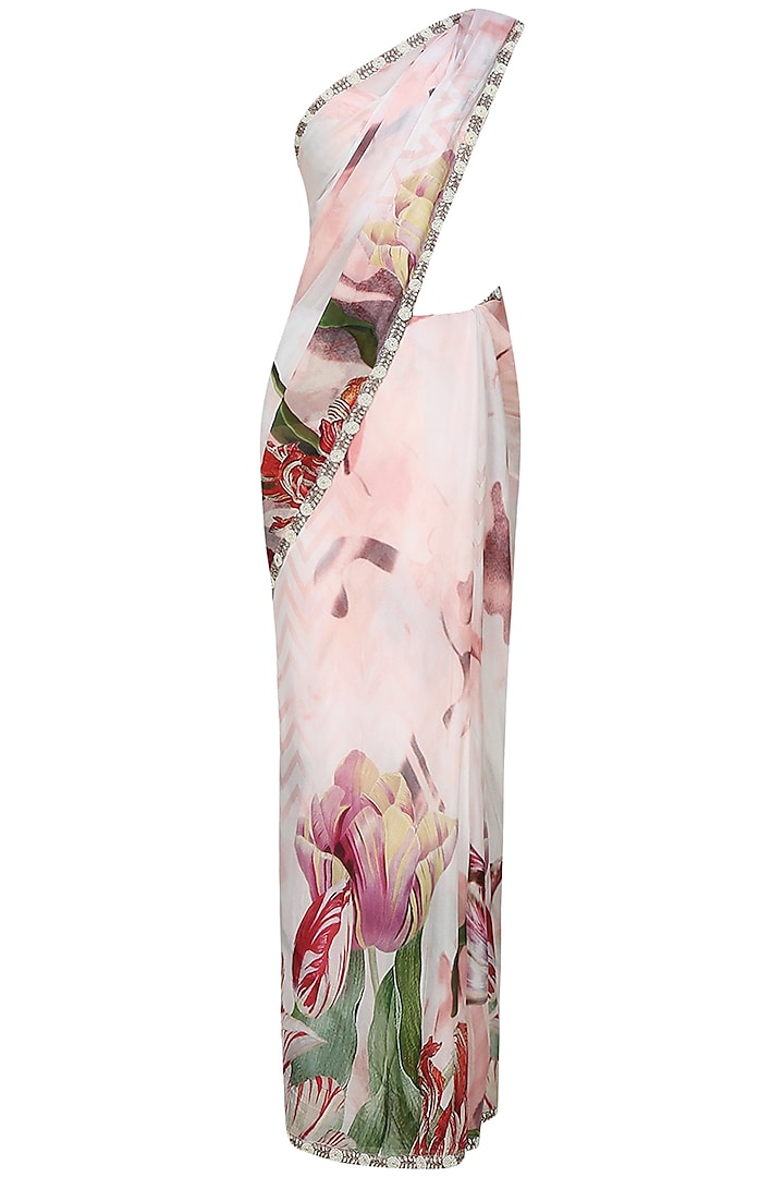 Off white and pink floral printed saree with unstitched blouse  by Flamingo By Shubhani Talwar