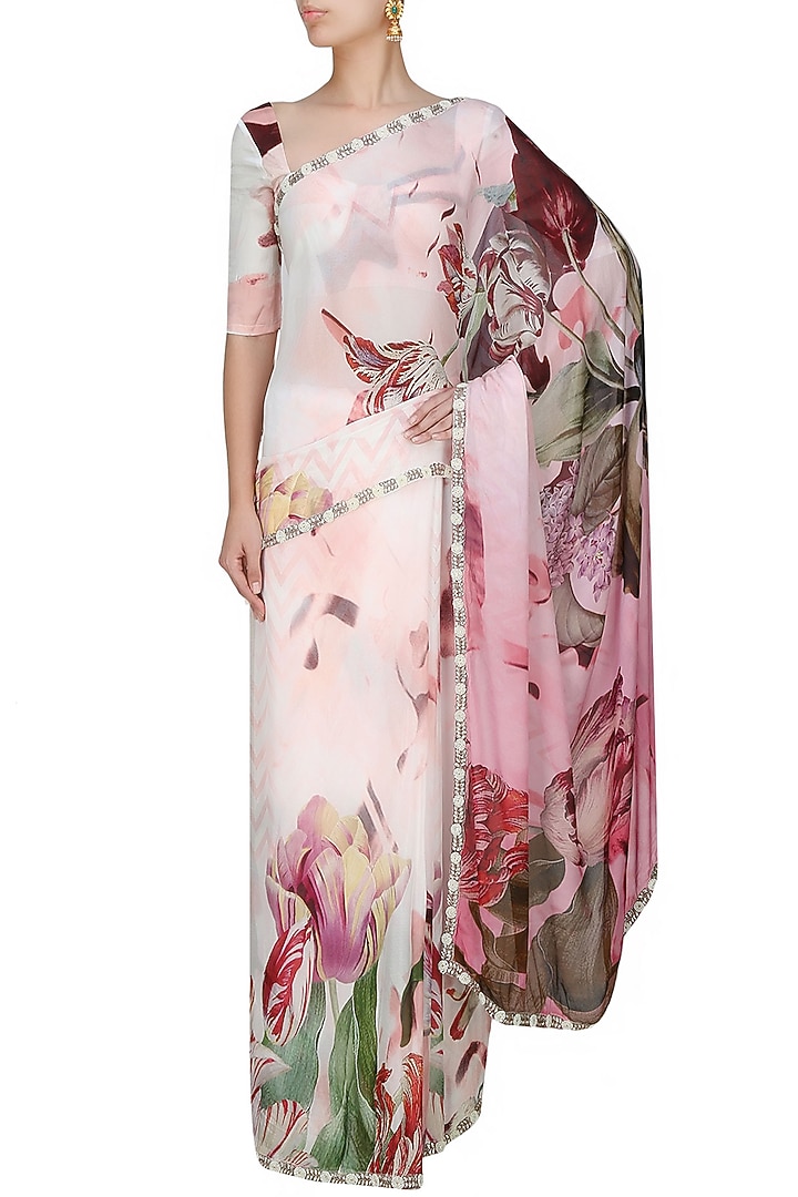 Flamingo by Shubhani Talwar presents Off white and pink floral printed saree and blouse set available only at Pernia's Pop Up Shop.