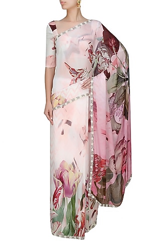 Off white and pink floral printed saree with unstitched blouse  by Flamingo By Shubhani Talwar