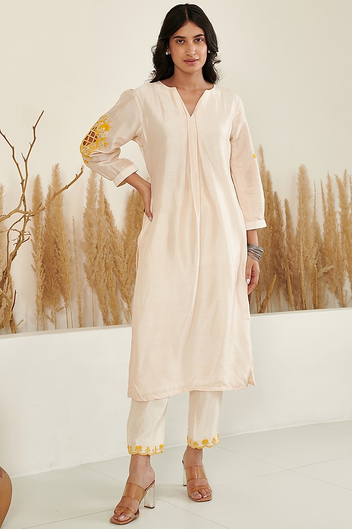 Ivory Silk Embroidered Kurta Set by Flamingo - the label