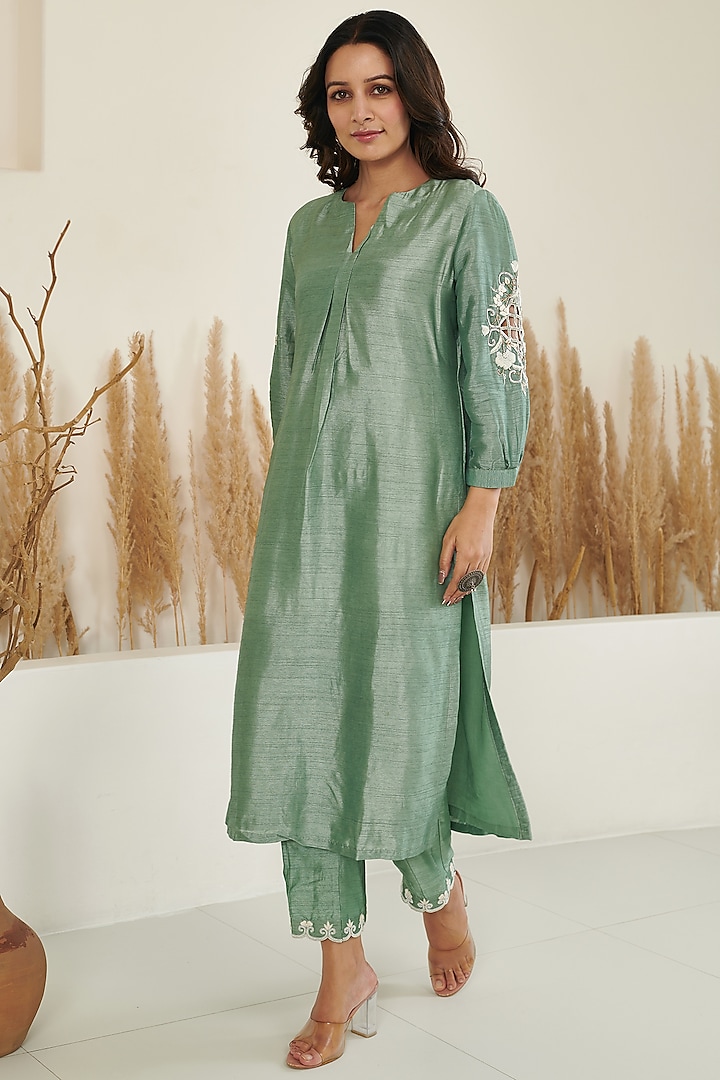 Green Silk Embroidered Kurta Set by Flamingo - the label at Pernia's Pop Up Shop