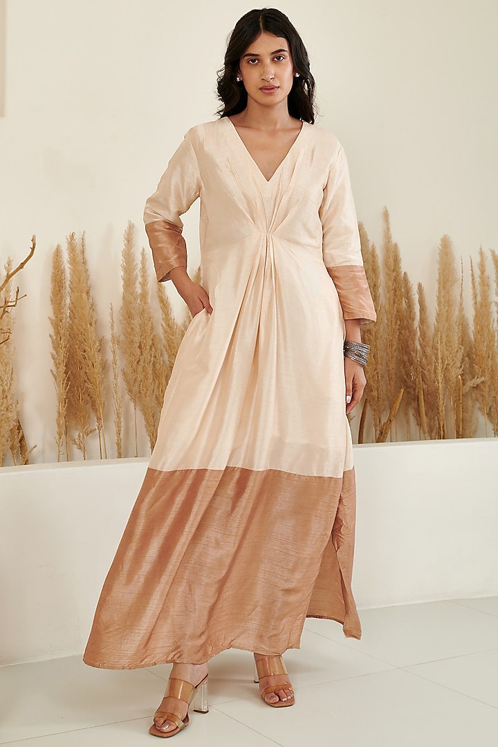Ivory Silk Color-Blocked Maxi Dress by Flamingo - the label