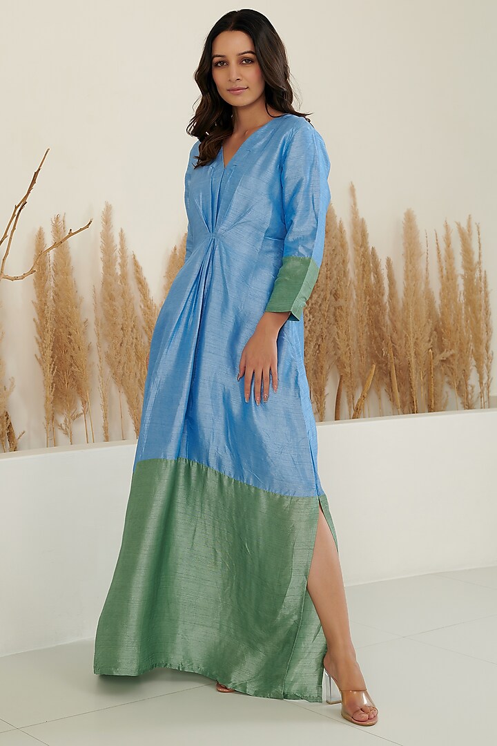 Blue Silk Color-Blocked Maxi Dress by Flamingo - the label