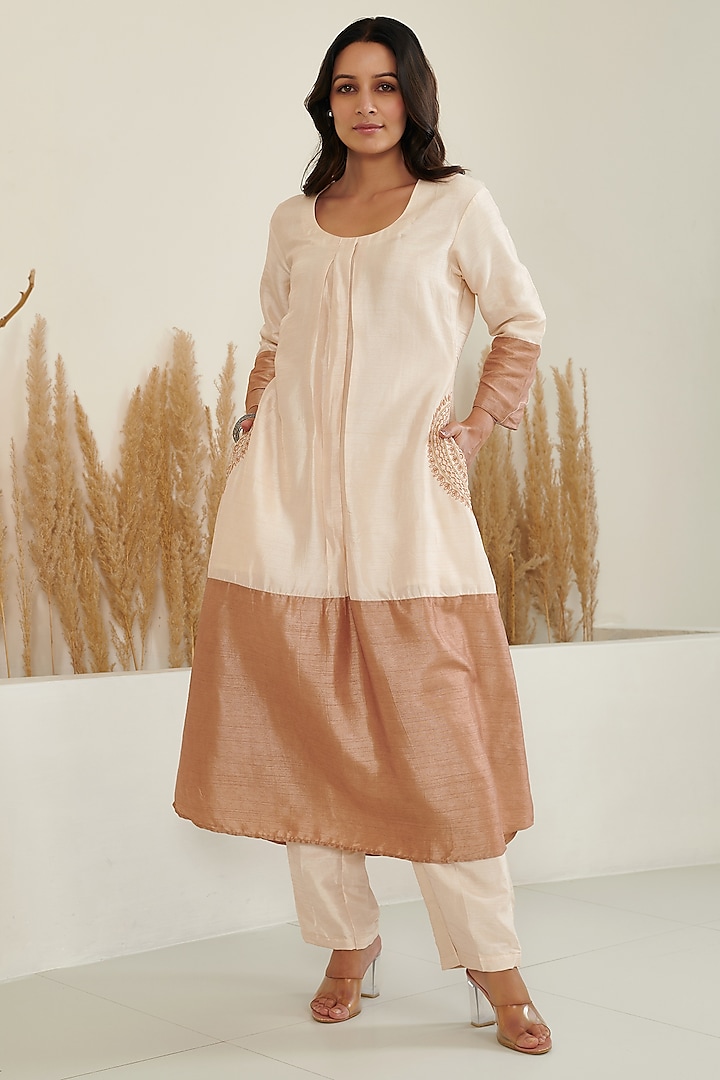 Ivory Silk Color-Blocked Embroidered Kurta Set by Flamingo - the label