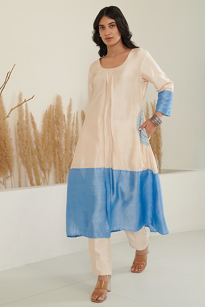 Ivory Silk Color-Blocked Embroidered Kurta Set by Flamingo - the label