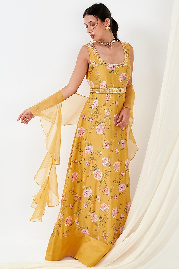 Mustard Printed Anarkali by Flamingo - the label