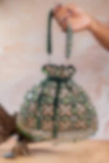 Emerald Green Velvet Hand Embellished Potli by Nayaab by Sonia at Pernia's Pop Up Shop